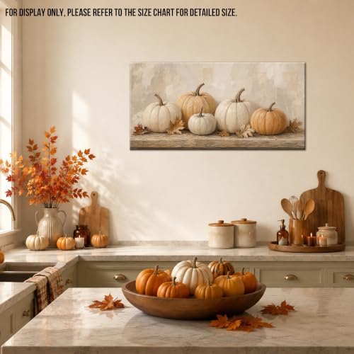 WAXWHELK Pumpkin Fall Canvas Wall Art Beige Neutral Autumn Painting Pictures Rustic Farmhouse Thanksgiving Home Decor Artwork for Living Room Bedroom (24"x47") - Image 3