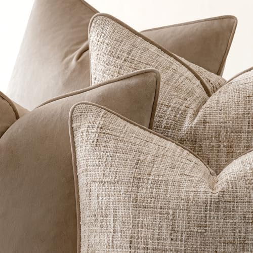 a moment Khaki 4 Pack Throw Pillow Covers - Chenille & Velvet Set with Piping, Farmhouse Textured Design Cushion Cases for Couch Sofa Bed (20x20 Inch, No Insert) - Image 2