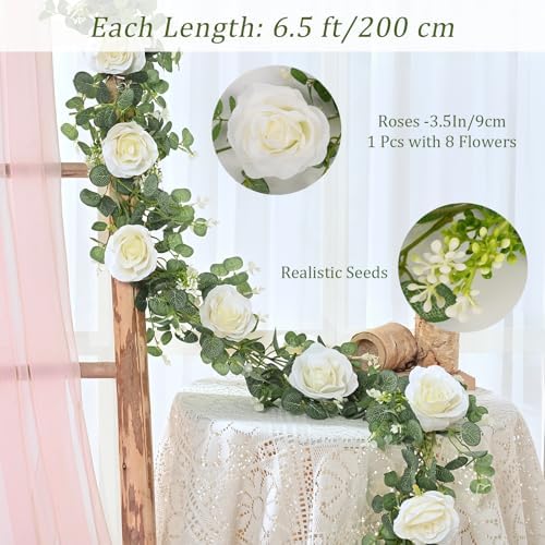 Dolicer 4Pcs 26Ft Artificial Eucalyptus Garlands with Flowers - 8 Roses, Faux Floral Greenery Garlands Fake Flowers Vines for Wedding Table Centerpieces Arch Party Ceremony Backdrop Decor (White) - Image 3