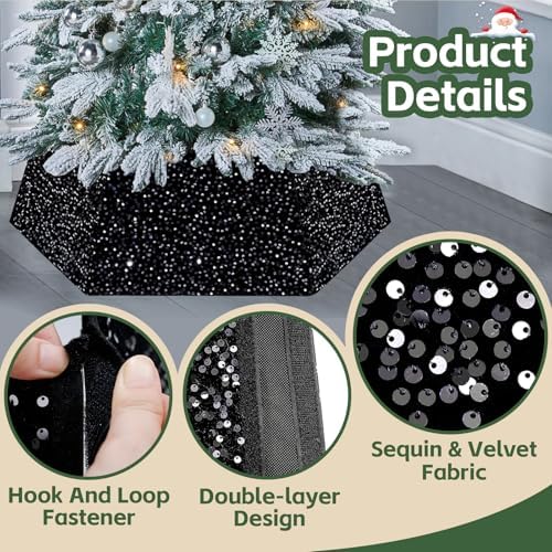 Black Christmas Tree Ring Collar 25.59 Inch Collapsible Xmas Tree Skirt Sequin Velvet Tree Stand Cover for Halloween Artificial Tree Home Ornaments - Image 6