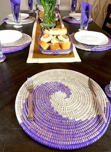 Senegal Placemats/African Bohemian Woven Seagrass Placemats/Natural Wicker Round Basket Placemats/Decorative Hanging Wicker Plates/Hanging Wall Decor (Purple & White) - Image 2