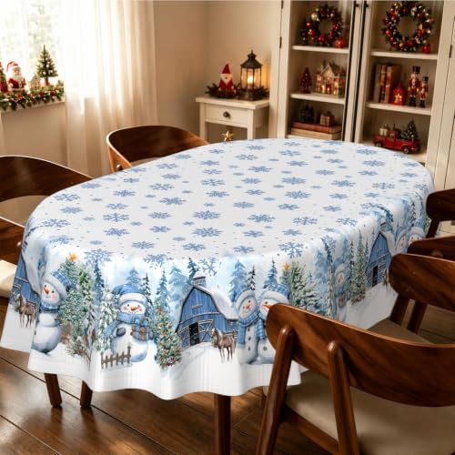 Oval Christmas Tablecloth 60x120 Inch, Farmhouse Blue Snowman Snowflake Christmas Table Cloth, Polyester Waterproof Wrinkle Resistant Xmas Table Cover for Holidays Kitchen Dinning Table Home Decor - Image 2