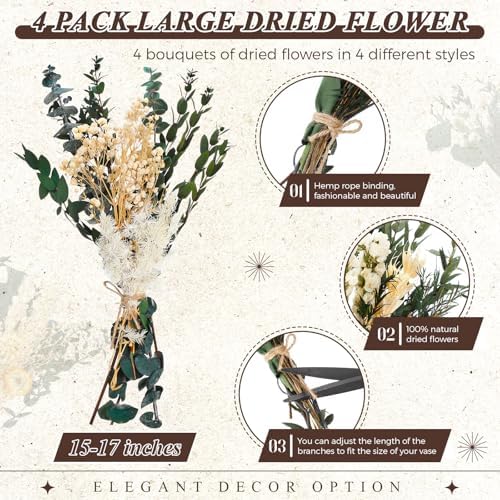 Layhit 4 Pack Large Size Boho Dried Flowers 15-17 Inch, Eucalyptus - Image 2