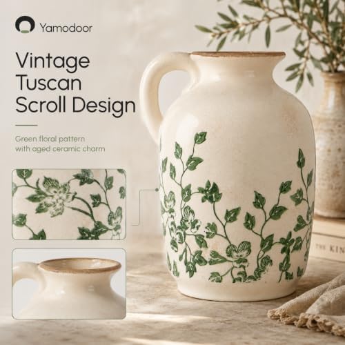 Tuscan Ceramic Vase for Home Decor,Green and Beige Pitcher Vases for Flower - Image 3