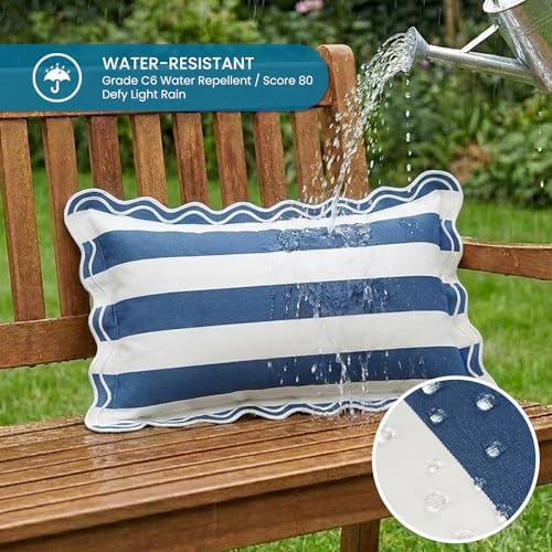 Navy Blue Striped Scalloped Outdoor Lumbar Pillow Covers 12x20 Set of 2 - Image 2