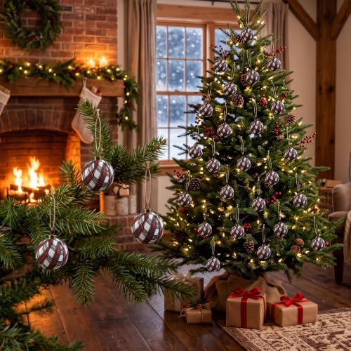 Hollowfly 24 Pcs 2.36 Inch Christmas Tartan Plaid Ball Ornaments Vintage Large Buffalo Plaid Balls Christmas Tree Hanging Ornament Rustic Ball Pendant Hanging Decor for Xmas Tree Party(Beige) - Image 5
