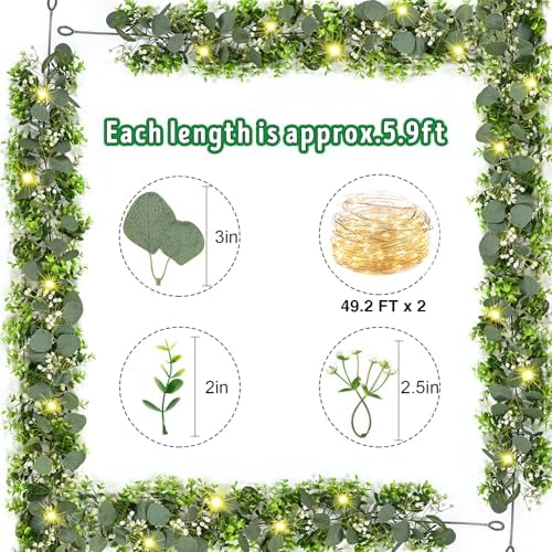 8Pcs Eucalyptus Garland with Lights, Greenery Garland, Green Garland with Flowers, 5.9FT Artificial Faux Eucalyptus Leaves Vines for Table Mantle Home Wedding Party Indoor Outdoor Decor（2 Long Lights） - Image 4
