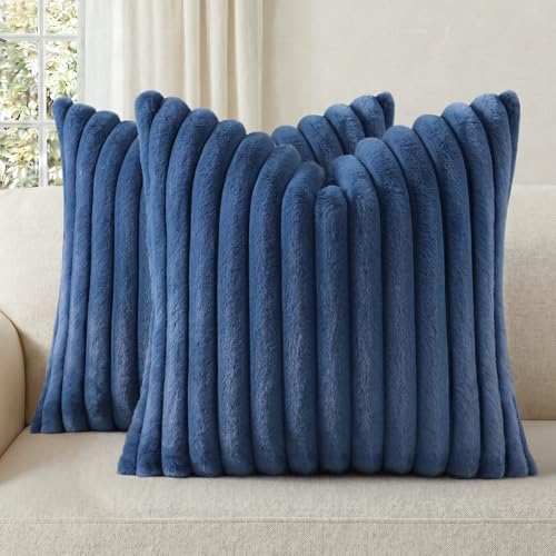 Pallene Faux Fur Decorative Throw Pillow Covers 24x24 Set of 2, Navy Blue by PALLENE