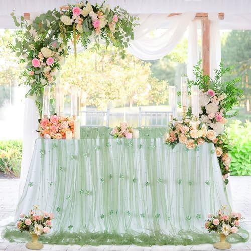 Pearl Tulle Tablecloths 5 Pack 10ft Sage Green Floral Sheer Table Overlays by LuoluoHouse