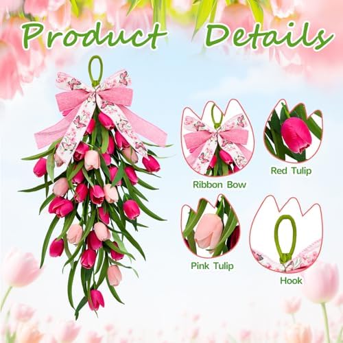 Tulip Teardrop Swag,2Pack Spring Wreaths for Front Door, Easter Decorations - Image 3