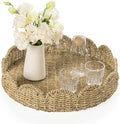 Wicker Tray, Handwoven Woven Tray with Handles and Scalloped Edge, Round Wicker Basket for Home Decor and Organizing, 16.9" L x 16.9" W x 3.5" H by QIHONGLT