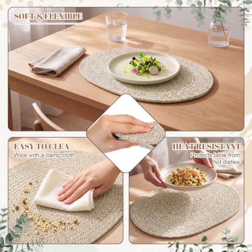 Oval Woven Placemats Set of 6, Cotton Rope 16x12 Inch, Brown - Image 3