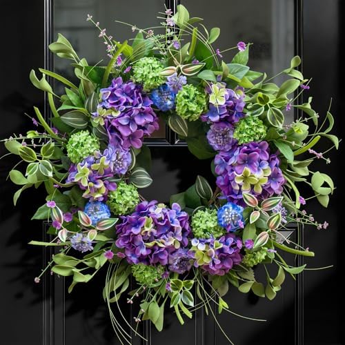 24 Inch Spring Wreath for Front Door, Artificial Hydrangea and Thistle Flowers, Spring and Summer Door Wreath with Lush Greenery, Summer Wreath for Indoor Outdoor Decor by NaturaWre
