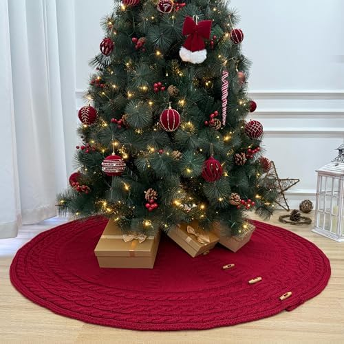 72-Inch Cable Sweater Knit Christmas Tree Skirt with Wooden Toggles, Burgundy - Image 2