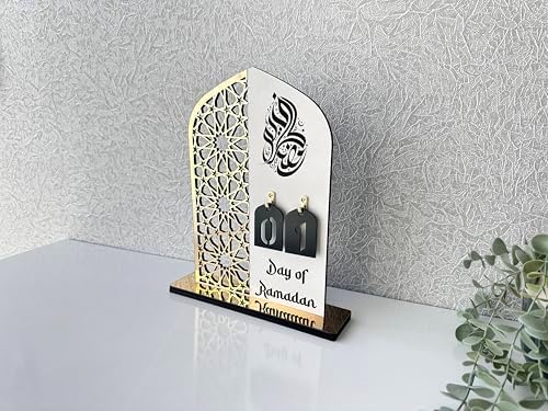 2 Pieces Wood Ramadan Decorations Islamic Eid Mubarak Kareem Table Sign Moon Hollow Star Ornament for Muslim Party Tabletop Decor Home Art Craft Decoration Golden Moon (Silver, Medium - 8"W x 12"H) - Image 3