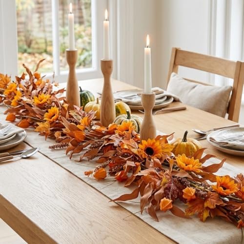 6 Ft Fall Garland for Mantle, Sunflower Autumn Garland with Maple Leaves - Image 5