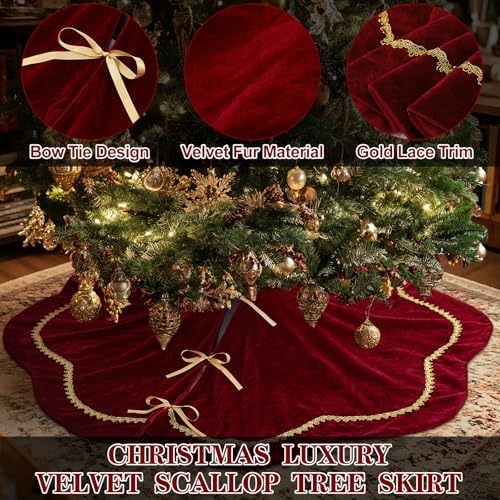 Arrowbash Red 48 Inch Christmas Tree Skirt Velvet Scallop Ddge - Image 6