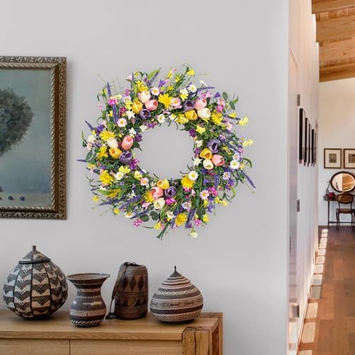LLZLL Spring Wreath 22 inch Indoor Summer Wreaths Artificial Spring Wreaths for Front Door, Tulip Wreath with Daisy and Lavender for Home Holiday Decor - Image 3