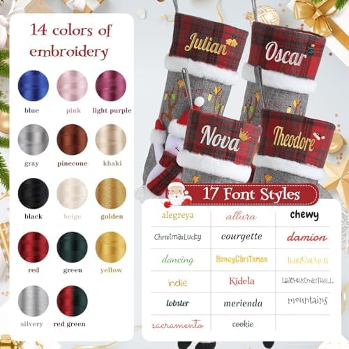 Personalized Christmas Stockings with Embroidered Name,Custom 3D Xmas Character Stocking 5 Pack 18” Large,Santa,Snowman,Reindeer & PenguinFireplace Hanging Burlap Plaid Grey Stockings - Image 3