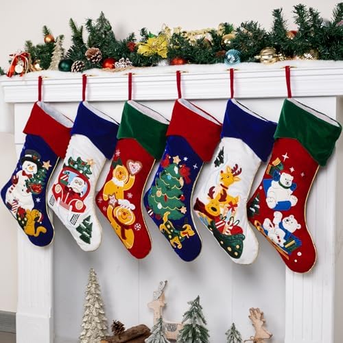 LUBOT 6 Pack Christmas Stockings Embroidered 20" Velvet Large Family Xmas Stocking Set of 6 Cute Cartoon Soft Luxury Stocking with Gold Piping Fireplace Hanging Holiday Decor - Image 2