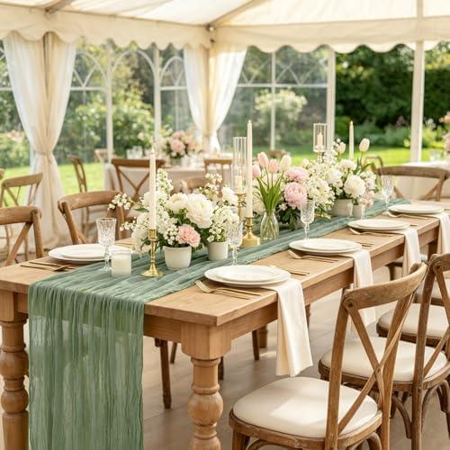 12 Pack Sage Green Cheesecloth Table Runner 35x120 Inch, 10Ft Boho Sheer Gauze Table Runner Cheese Cloth Runner for Wedding Baby Shower Birthday Home Decor Garden Farmhouse - Image 2
