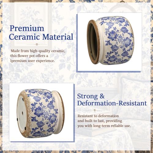 7.7" Large Ceramic Plant Pot Beige Blue Chinoiserie Floral Crackle Glaze Rustic Flowers Pot Decorative Planter with Drainage for Indoor Outdoor Plants Home Kitchen Office Decor Gift - Image 3