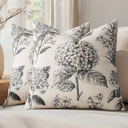 Set of 2 Decorative Floral Pillow Covers 22x22 Inch Black by SWANCOCO