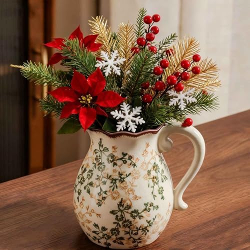 Vintage Ceramic Vase with Handle, Green and Beige Rustic Flower Pitcher Vase for Home Decor, Decorative Vase for Living Room, Bookshelf, Office, Vases for Centerpieces 8 Inch - Image 2