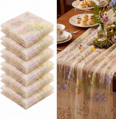 Champagne Floral Table Runner 10ft Embroidery Tulle Spring Wildflower Gauze Table Runner Seasonal Summer Butterfly Kitchen Dining Decoration for Wedding Baby Shower Birthday Party (6 Pcs) by Windkream