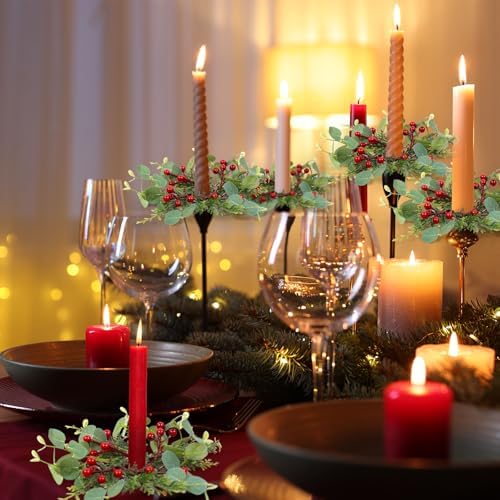 8 PCS Christmas Pine Taper Candle Rings Wreaths 1.38" Mini Norfolk Cedar Taper Candle Holder Wreaths Candle Rings with Berry for Xmas Winter Holiday Church Home Table Centerpiece Candlesticks Decor - Image 4