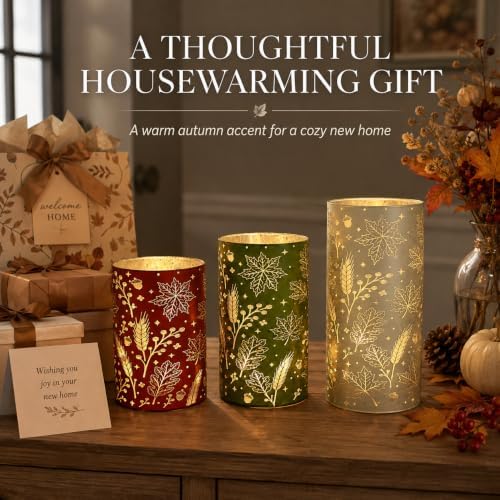 Wind Shear Fall Harvest Glass Lanterns Set of 3, Autumn Lighted Table Decor - Image 7
