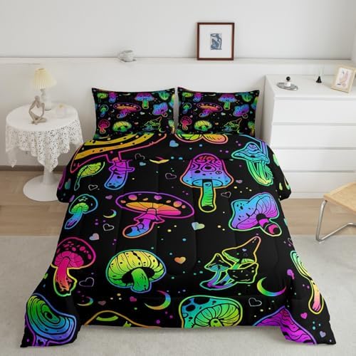 Ombre Mushroom Bedding Sets Full Trippy Mushroom Comforter For Kids Girls Boys Women Cartoon Tie Dye Down Comforter Colorful Cute Mushroom Quilt Set Gradient Heart Pattern Quilted Comforter, Black by Erosebridal