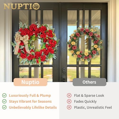 NUPTIO Geranium Wreath for Front Door: Christmas Red Wreaths, 24 Inch - Image 5