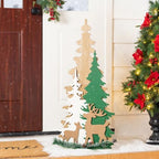 Glitzhome 35.5"H Wooden Christmas Tree Porch Sign,Standing Porch Decor with Reindeer and Pinecone,Merry Christmas Welcome Sign for Holiday Front Porch Outdoor Decorations by Glitzhome