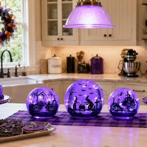 NEEDOMO Halloween Decorations Indoor, 3 Pack Witch Crackle Glass Globe Purple LED Lights with Timer, Halloween Table Decor for Mantel, Fireplace, Party, Home - Image 7