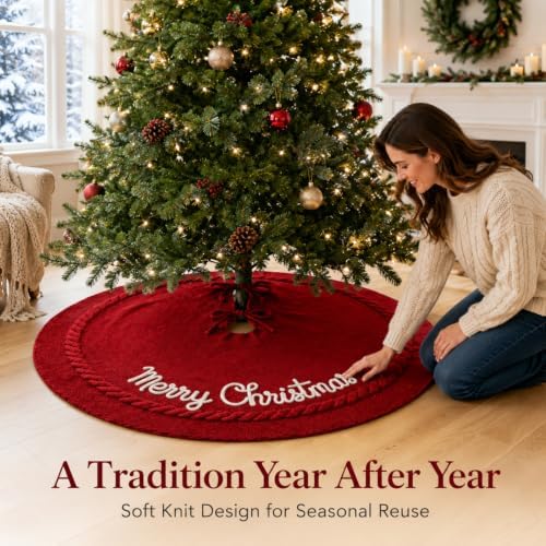 Junkin 48 Inch Christmas Tree Skirt Burgundy Cable Knitted Tree Skirt - Image 5