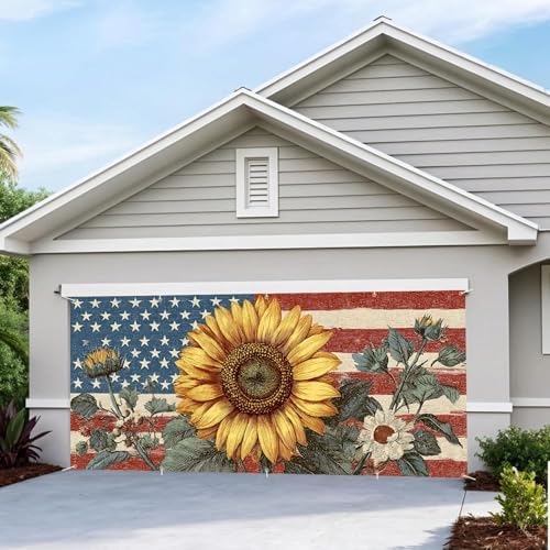 16x7FT Patriotic Garage Door Banner, Ameri-ca Flag with Sunflower Vintage Design, Extra Large Outdoor Garage Door Cover for Independence Day and Home Decor - Image 5