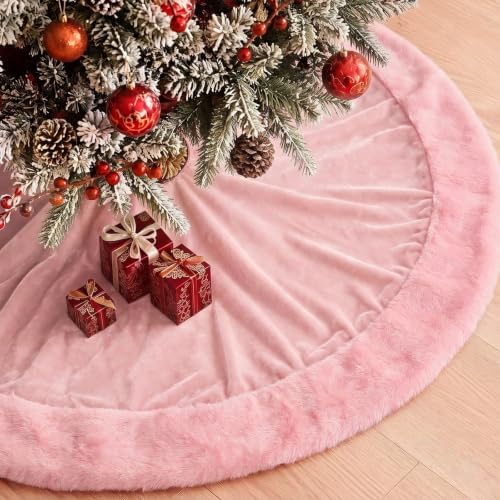 Skylety 48" Velvet Christmas Tree Skirt with Faux Fur Trim,Pink by Skylety