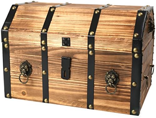 Vintiquewise Wooden Treasure Chest Trunk Vintage-Style Storage Box with Leather Straps Brass Rivets Lion Head Ornaments & Latch Closure Decorative Accent and Functional Organizer for Home Décor, Small - Image 2