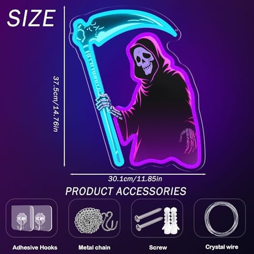 Grim Reaper Neon Sign with Scythe, Halloween LED Skeleton Neon Light - Image 4