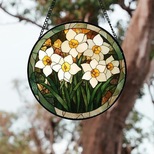 White Lily Flower Leaves Stained Glass Window Hanging Suncatcher Gifts 12" - Image 4