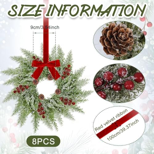 8 Pcs Mini Christmas Cabinets Wreath for Kitchen Small Christmas Ceder Candle Rings Wreaths Artificial Norfolk Pine Red Berry Garland Hanging Ornament Farmhouse Wreath for Holiday Xmas Party Decor - Image 3