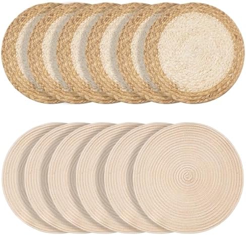 Handmade Round Boho Placemats Set of 6 | Natural Woven & Polyester Braided Combo Table Mats | 12-Piece Versatile Place Mats | Simple Rustic Farmhouse Style Dining Table Decor, Beige by Rakkime