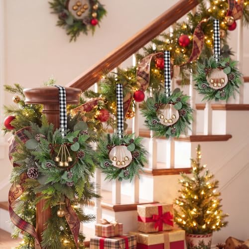 Dingion 6 Pcs 6 Inch Mini Christmas Cabinet Wreath with Black Plaid Bow - Image 5