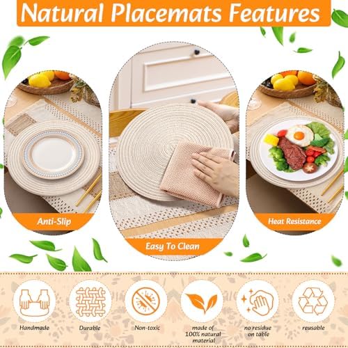 4 Sets Boho Place Mats Set Round Woven Placemats, Cloth Napkins, Wood Bead Napkin Rings, White Table Runner with Tassel and Farmhouse Rustic Placemats Cotton Burlap for Kitchen Table Decor - Image 6
