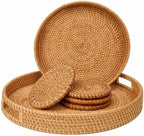 Round Rattan Serving Tray Set (2 Nesting Sizes) with Handles, 4 Coasters Included, Handwoven Boho Wicker Organizer for Coffee Table or Ottoman, 14.2 x 2.3 in and 11.9 x 1.7 in by Unknown