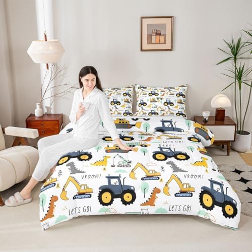 Cartoon Car Kids Comforter Set King, Excavator Tractor Bedding Set for Child Teens, Dinosaur Comforter Equipment Truck Quilted Duvet, Heavy Machinery Construction Bedding Comforter with 2 Pillowcases - Image 4