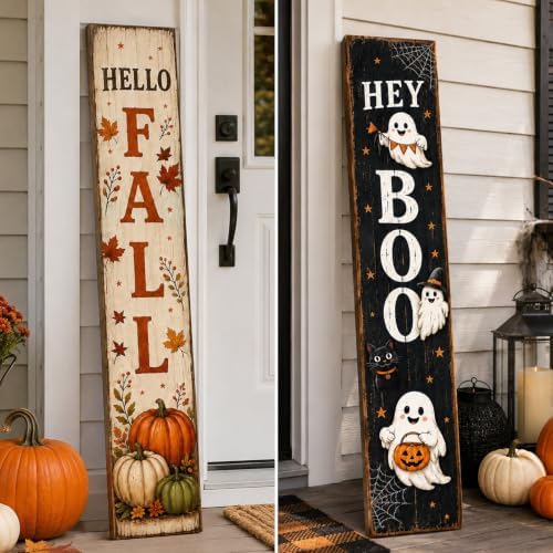 47 Inch Fall Porch Sign Reversible Halloween Door Sign Wooden Welcome Decor - Image 4