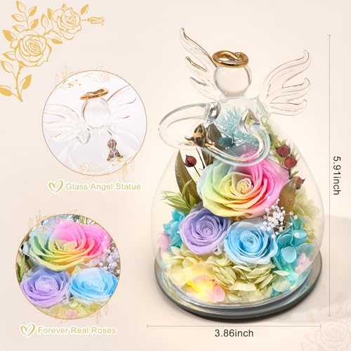 FIACO Gifts for Women Birthday Preserved Rose Forever Flower in Glass Angel Figurines Fresh Flowers for Delivery Prime for Mom Real Orange Roses for Grandma Sister Wife Her from Daughter - Image 2
