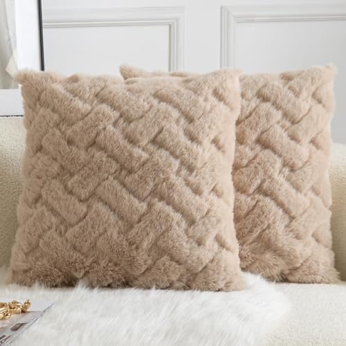Yaertun Set of 2 Decorative Throw Pillow Covers Thick Plush Wool Throw Pillows Super Soft Luxury Faux Rabbit Fur Velvet Cushion Covers for Couch Sofa Bed Living Room 26x26 Inch Oatmeal by YAERTUN